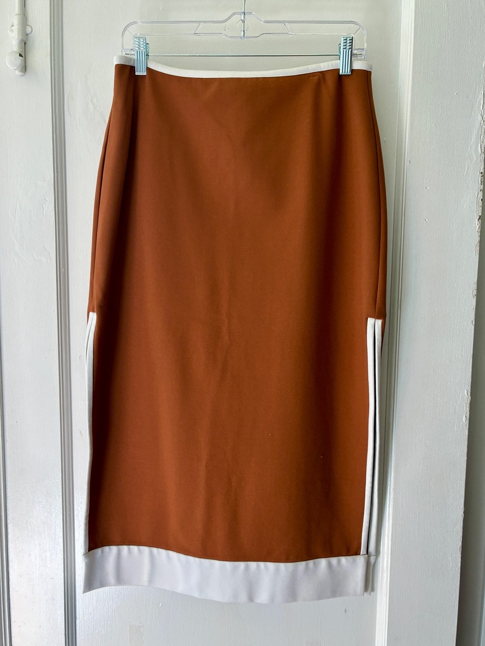 STAUD Rust Brown Pencil Skirt with White Trim